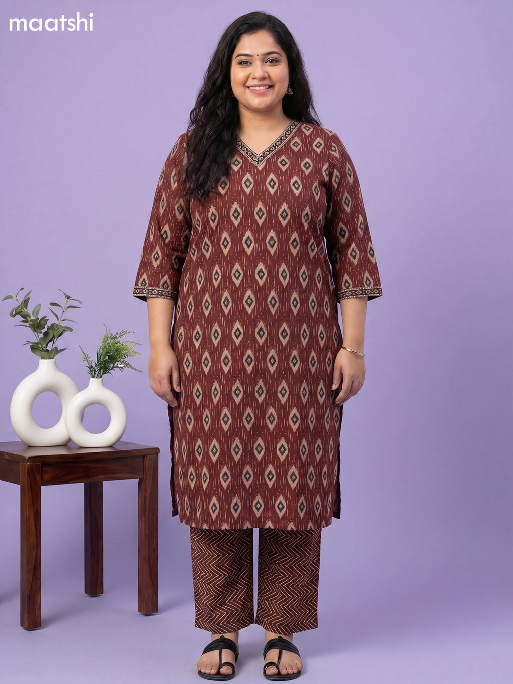 Brown Cotton Ikat Weaves Straight Suit