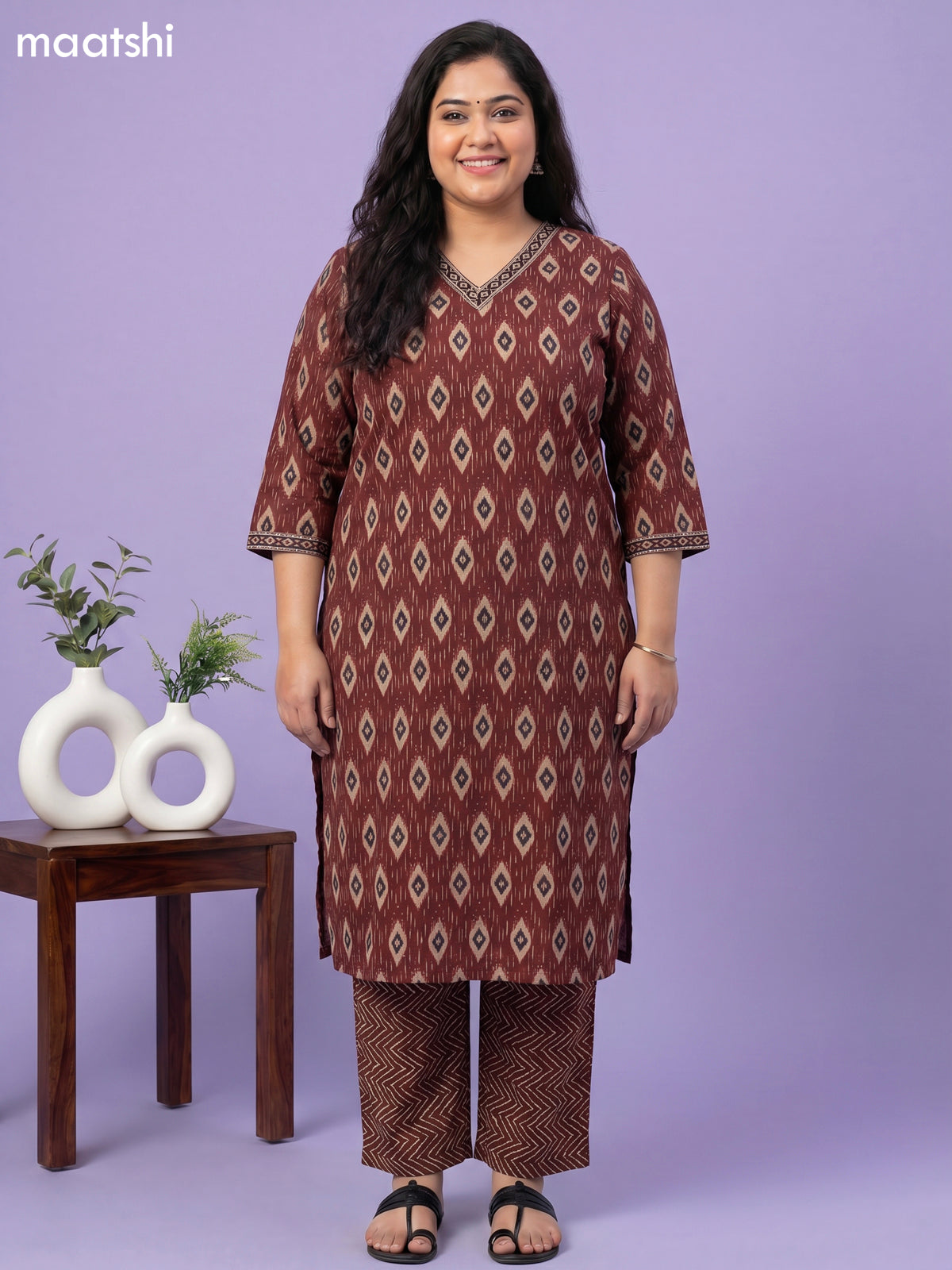 Brown Cotton Ikat Weaves Straight Suit