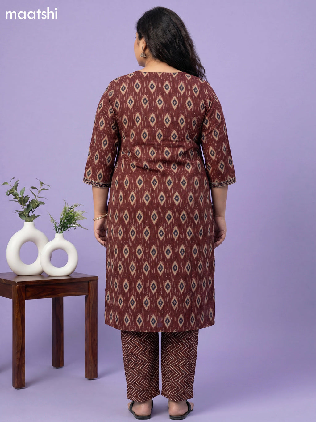 Brown Cotton Ikat Weaves Straight Suit