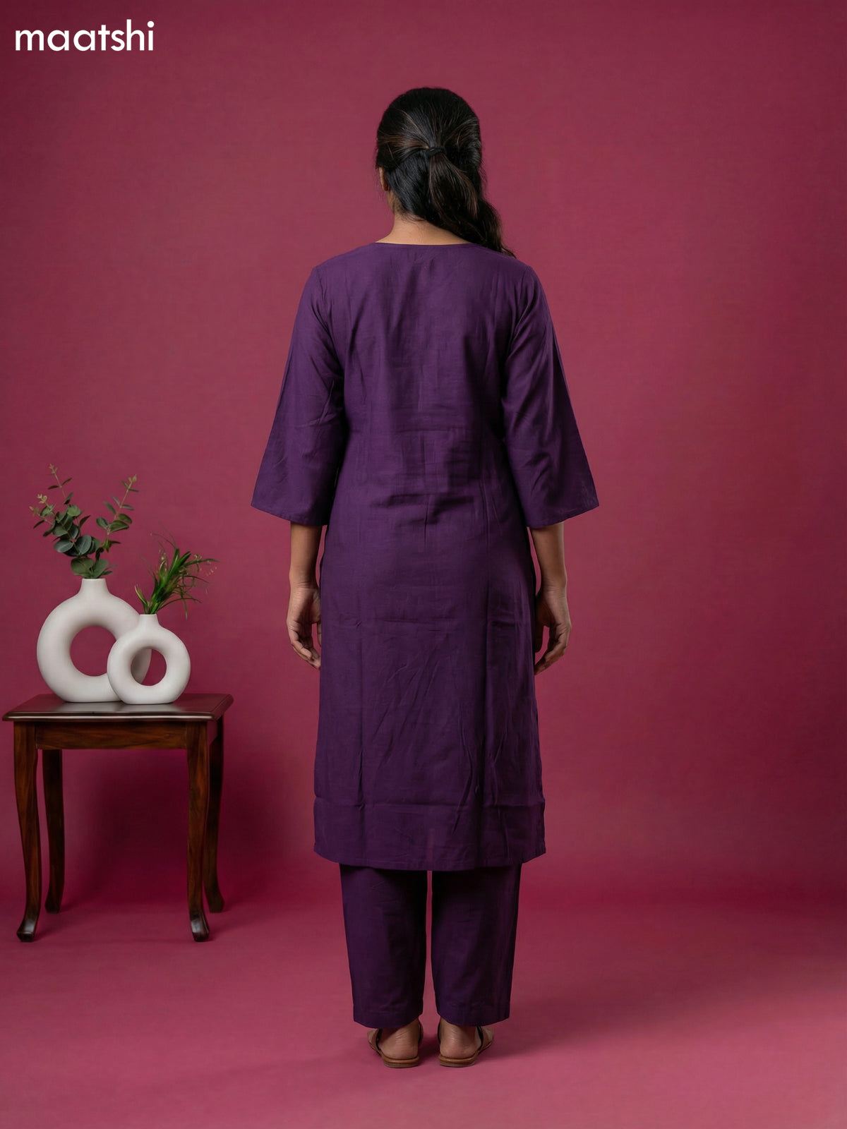 Violet Chanderi Simple Embroidery Work Kurti Set
