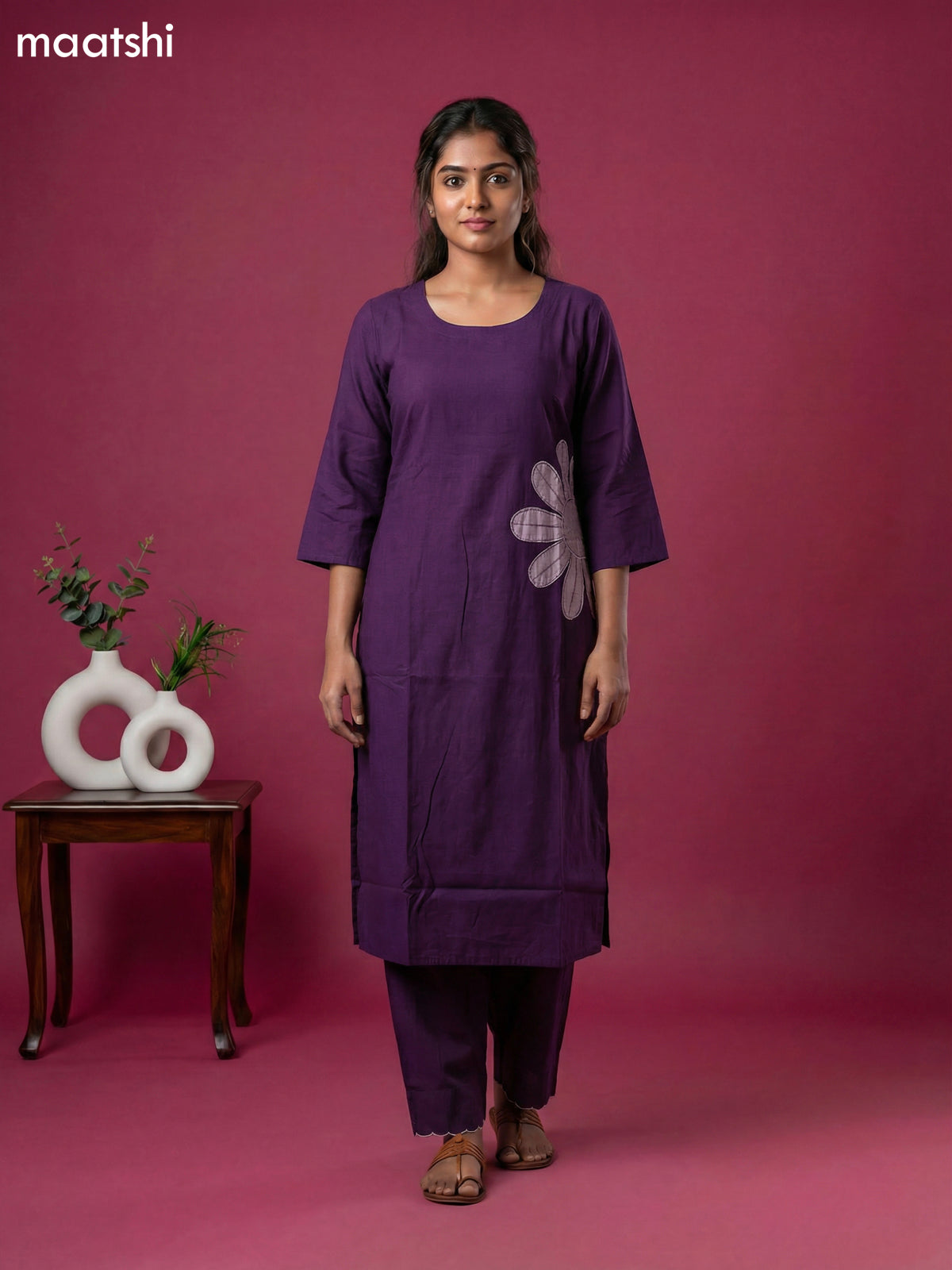 Violet Chanderi Simple Embroidery Work Kurti Set