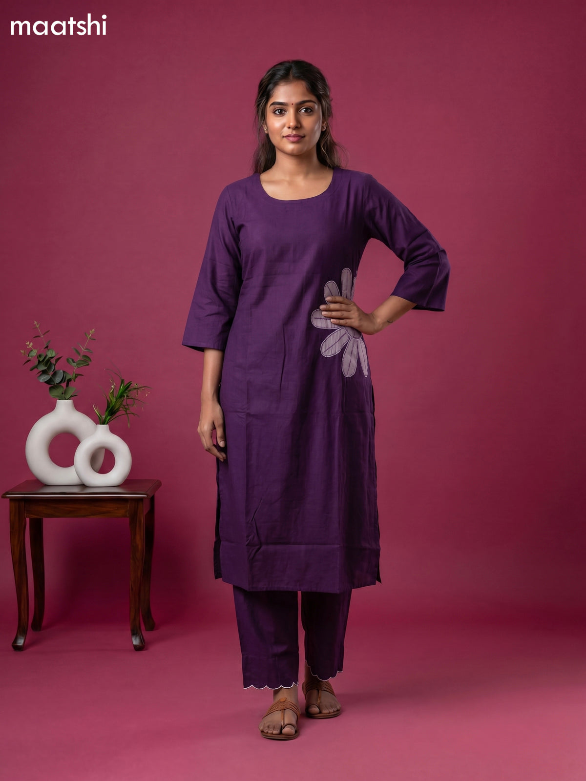 Violet Chanderi Simple Embroidery Work Kurti Set