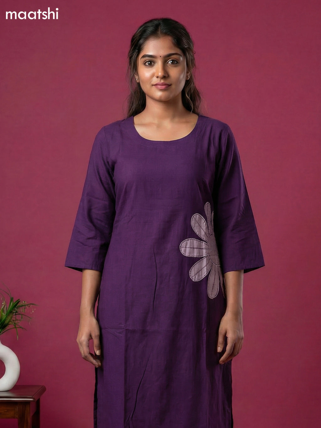 Violet Chanderi Simple Embroidery Work Kurti Set