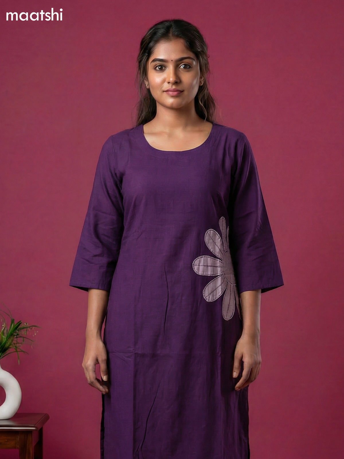 Violet Chanderi Simple Embroidery Work Kurti Set