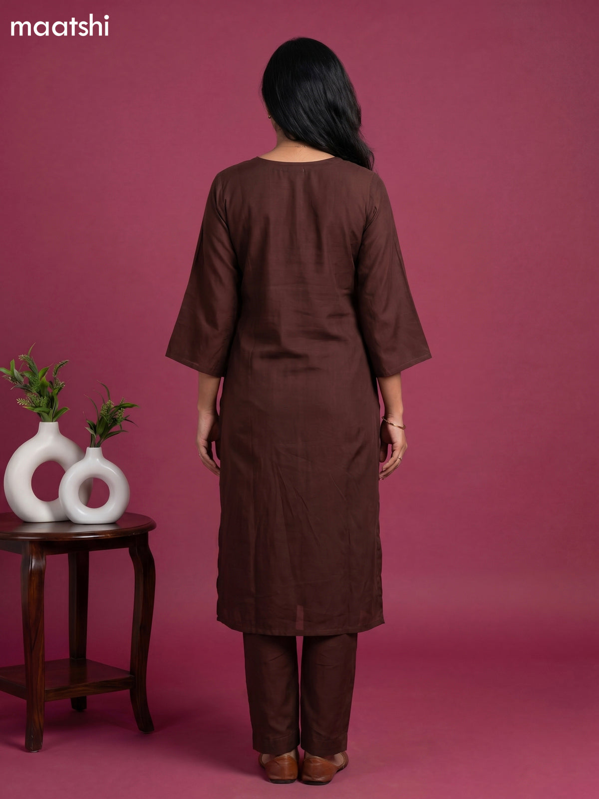 Dark Brown Chanderi Simple Embroidery Work Kurti Set