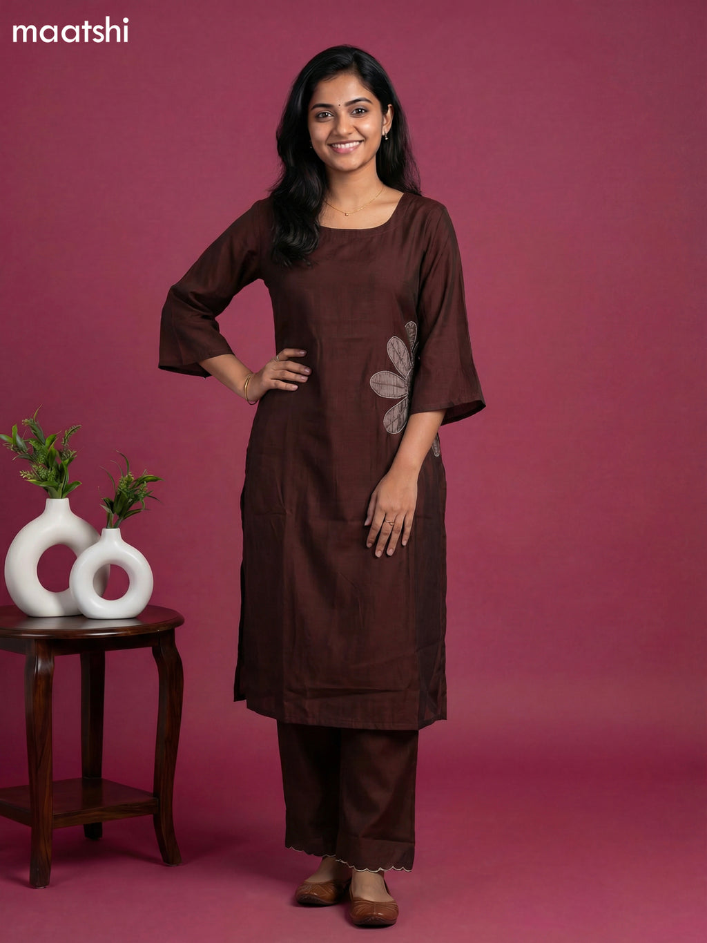 Dark Brown Chanderi Simple Embroidery Work Kurti Set