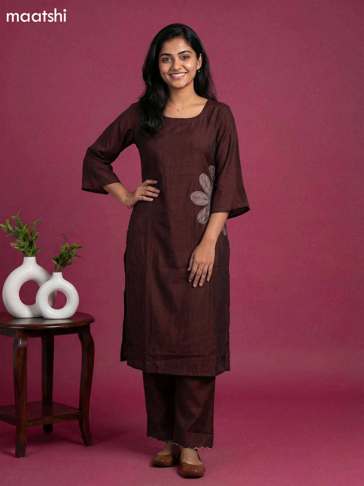 Dark Brown Chanderi Simple Embroidery Work Kurti Set