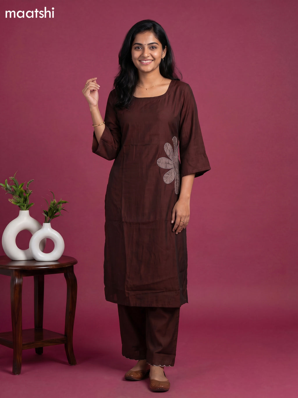 Dark Brown Chanderi Simple Embroidery Work Kurti Set