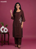 Dark Brown Chanderi Simple Embroidery Work Kurti Set