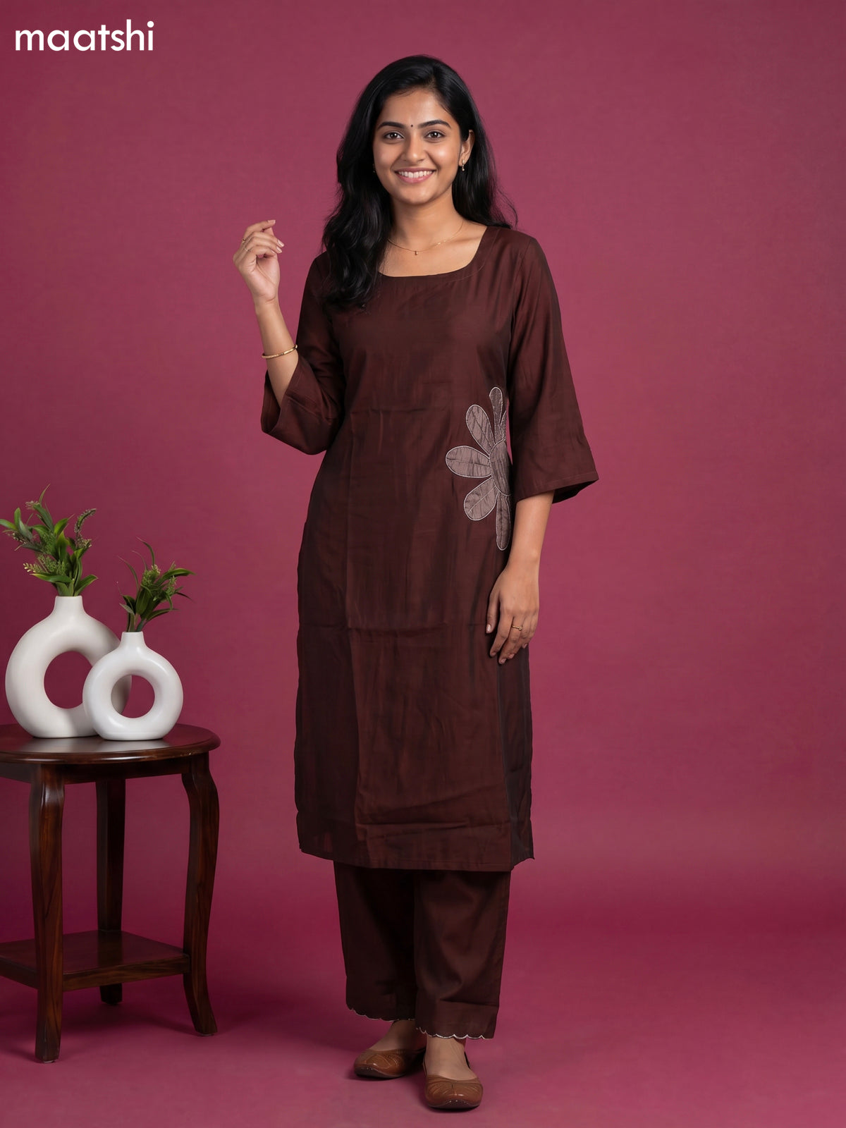 Dark Brown Chanderi Simple Embroidery Work Kurti Set