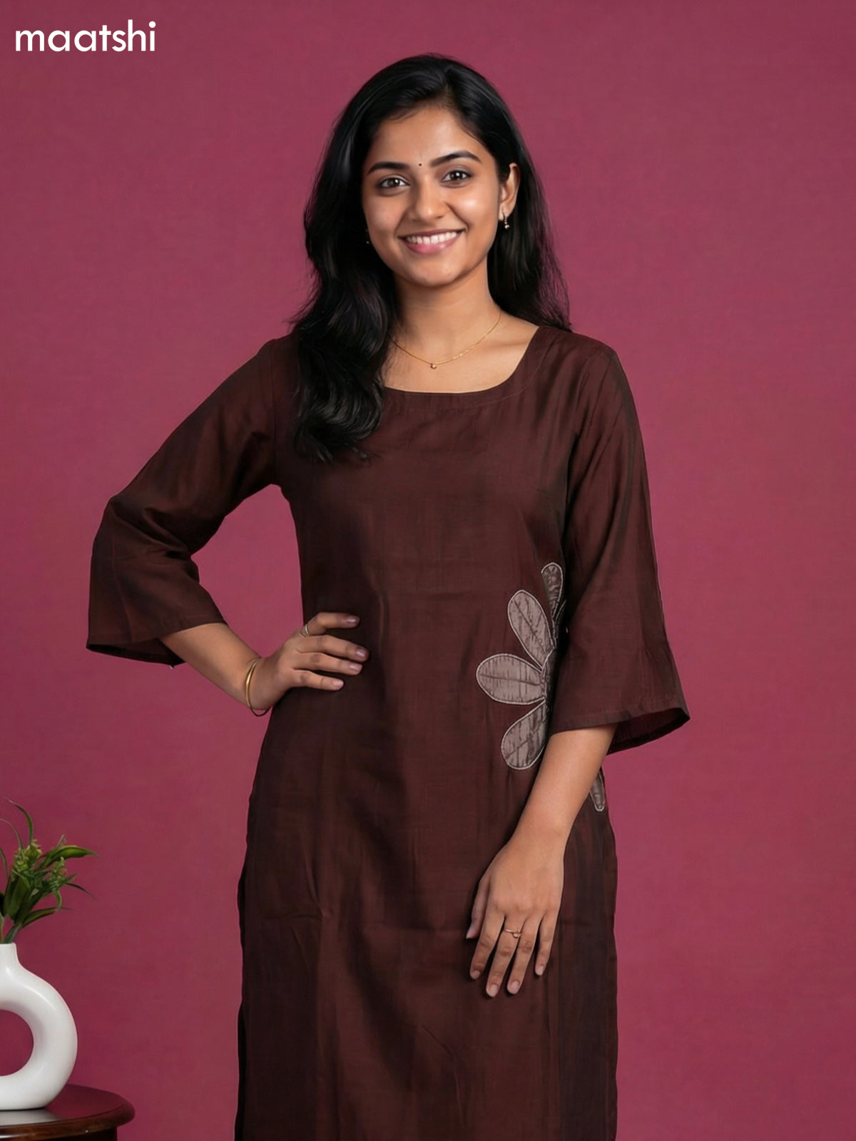 Dark Brown Chanderi Simple Embroidery Work Kurti Set