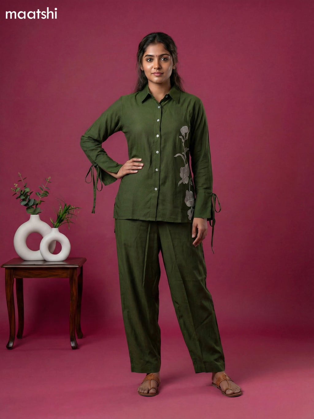 Sap Green Chanderi Simple Applique Work Co-Ord Set