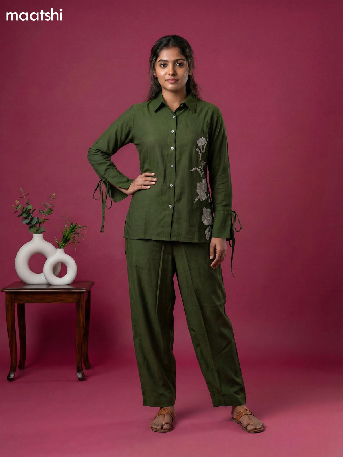 Sap Green Chanderi Simple Applique Work Co-Ord Set