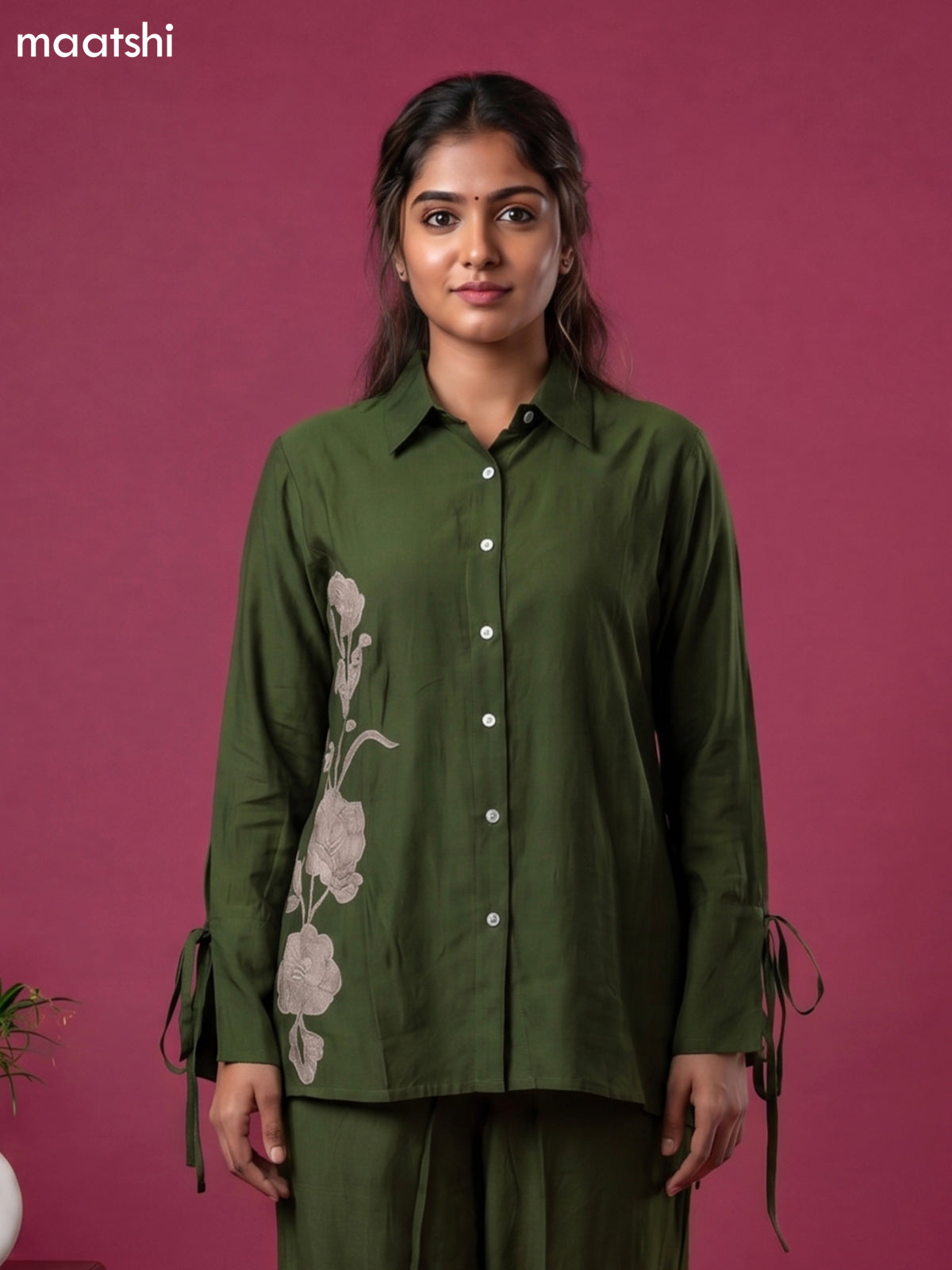 Sap Green Chanderi Simple Applique Work Co-Ord Set