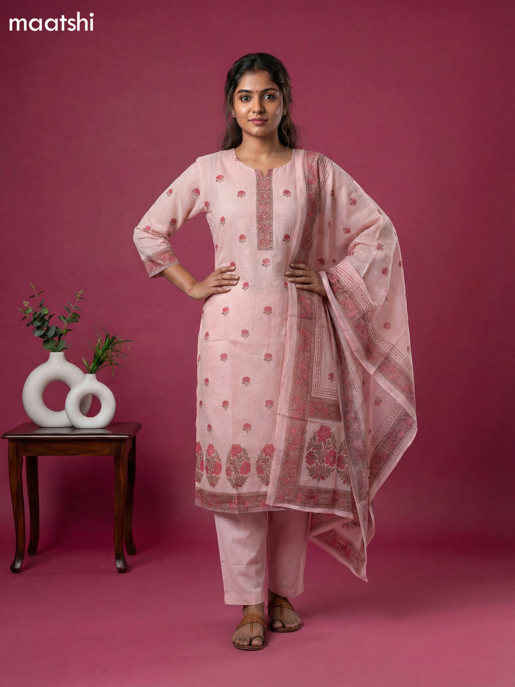 Mild Peach Kota Printed & Simple Embroidery Work Straight Suit