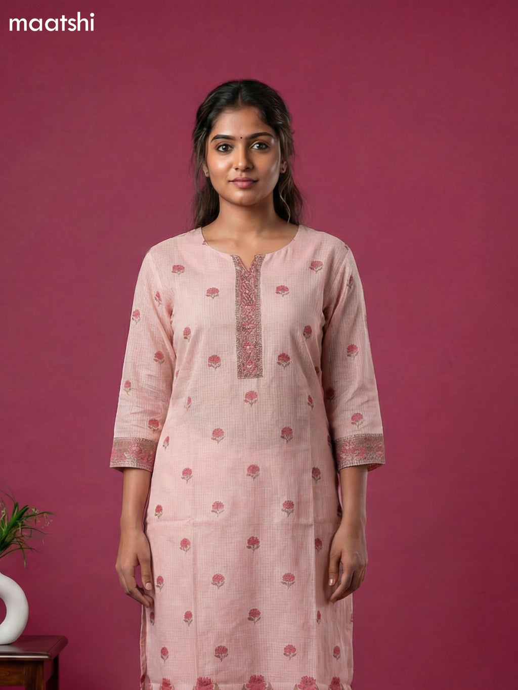 Mild Peach Kota Printed & Simple Embroidery Work Straight Suit