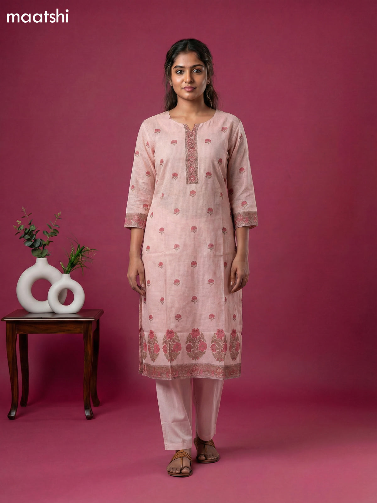 Mild Peach Kota Printed & Simple Embroidery Work Straight Suit
