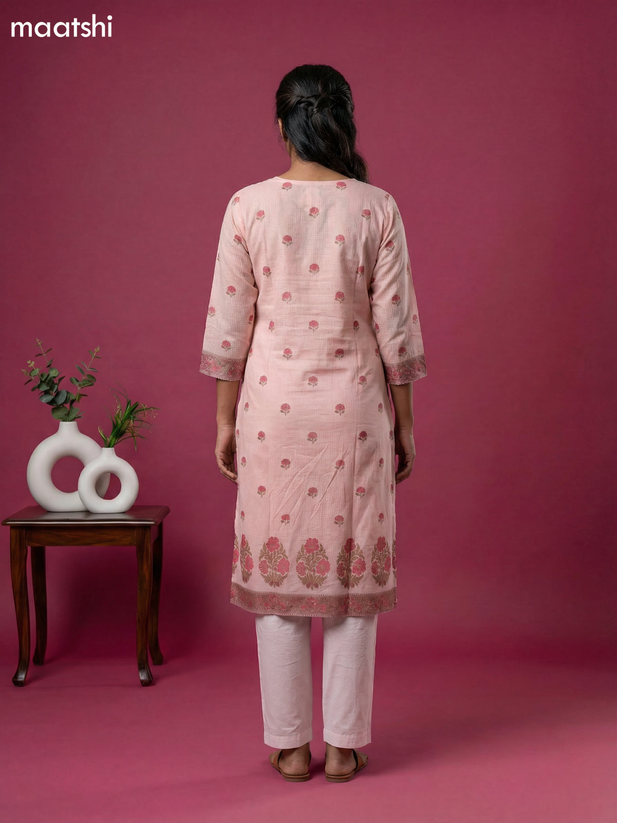 Mild Peach Kota Printed & Simple Embroidery Work Straight Suit