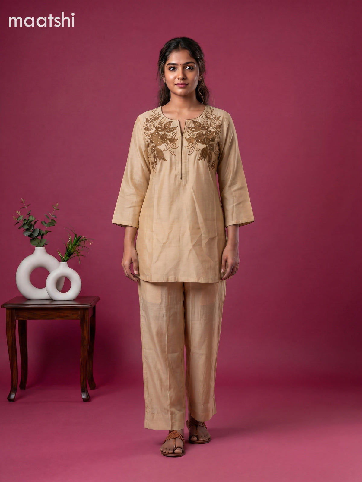 Sandal and Brown Chanderi Embroidery Work Short Co-Ord Set