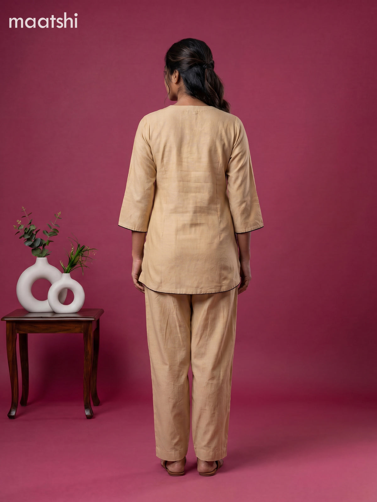 Sandal and Brown Chanderi Embroidery Work Short Co-Ord Set