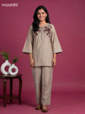 Beige and Deep Brown Chanderi Embroidery Work Short Co-Ord Set