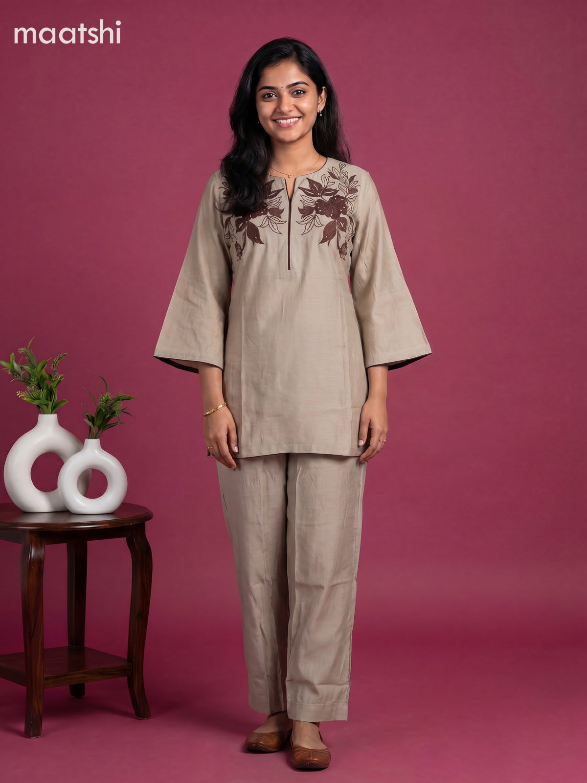 Beige and Deep Brown Chanderi Embroidery Work Short Co-Ord Set