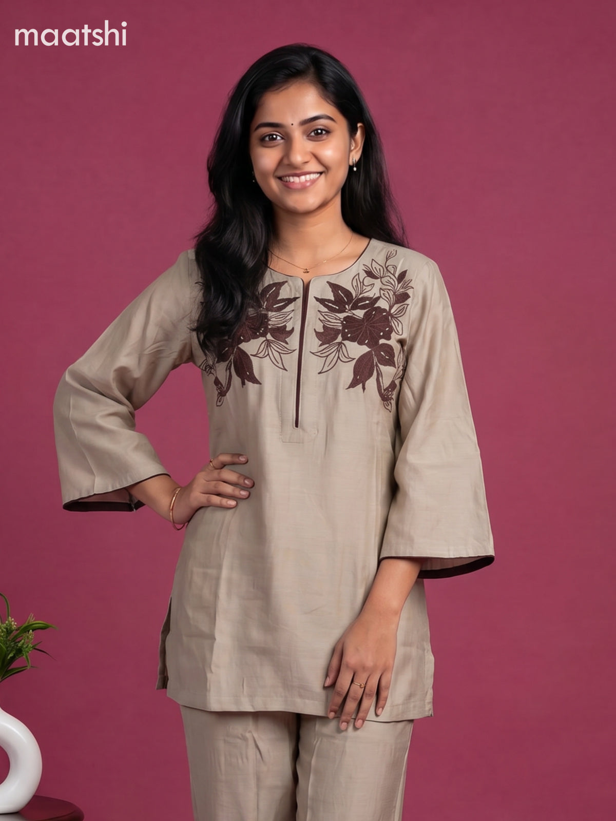 Beige and Deep Brown Chanderi Embroidery Work Short Co-Ord Set