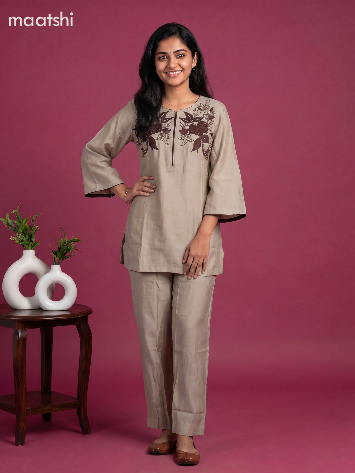 Beige and Deep Brown Chanderi Embroidery Work Short Co-Ord Set