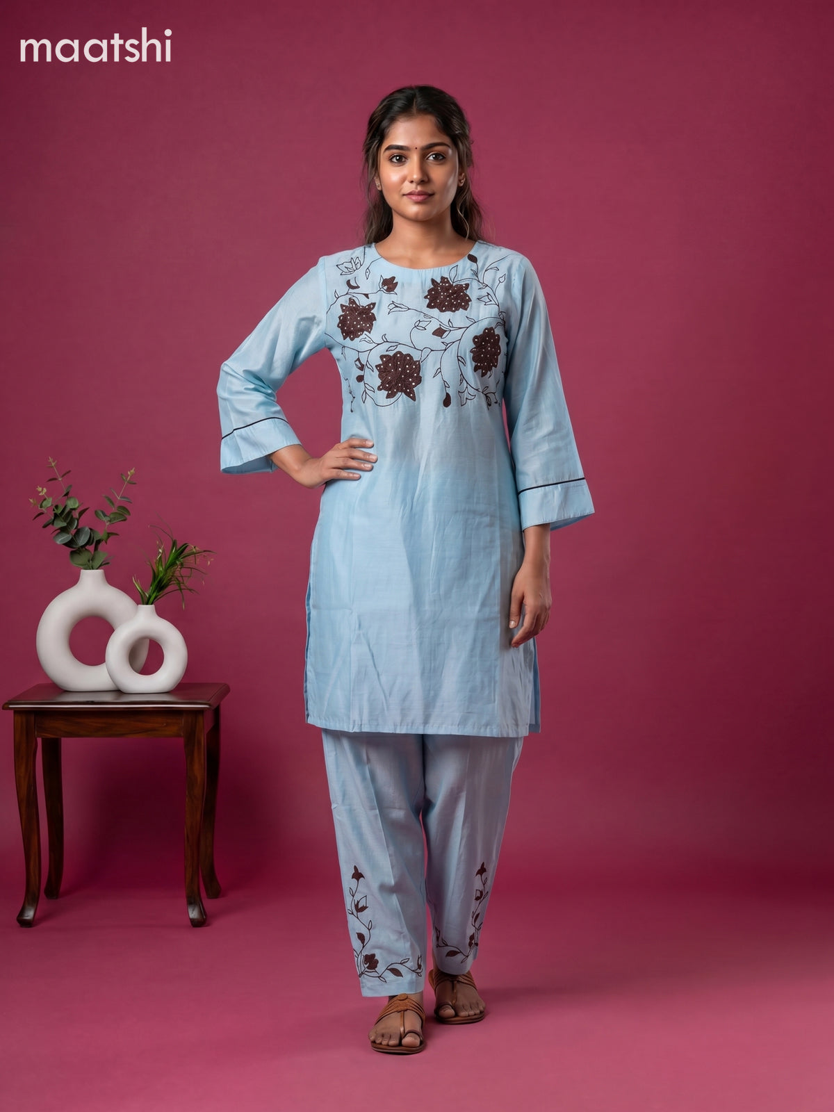 Light Blue and Deep Brown Chanderi Embroidery Work Short Co-Ord Set