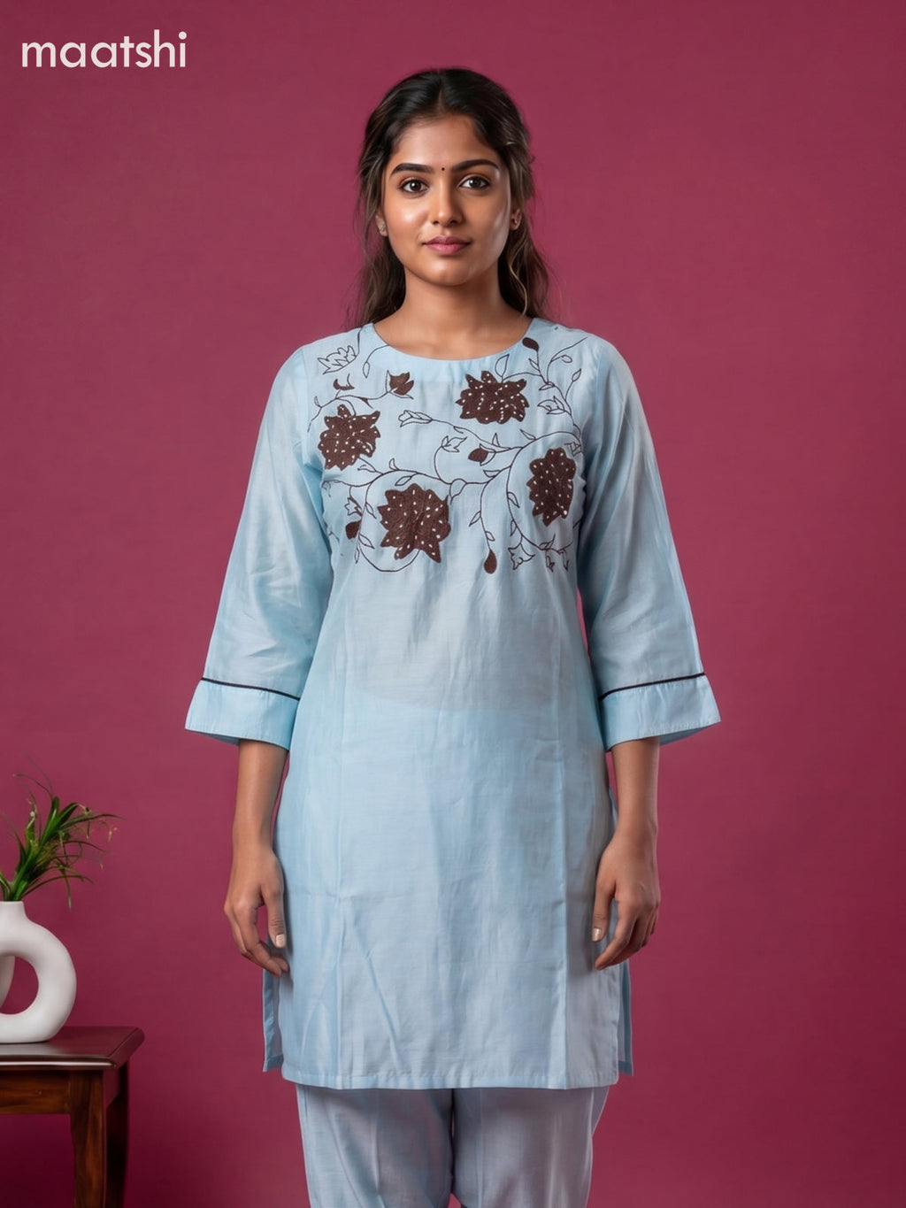 Light Blue and Deep Brown Chanderi Embroidery Work Short Co-Ord Set