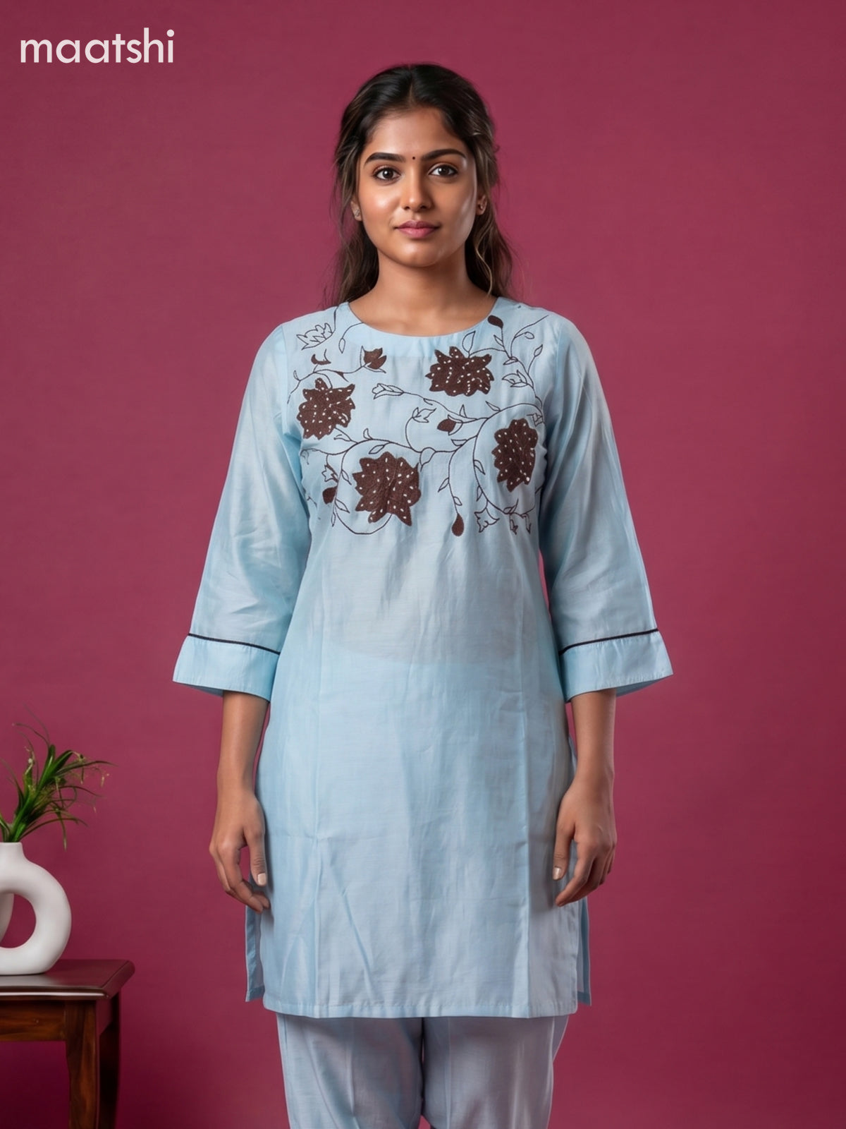 Light Blue and Deep Brown Chanderi Embroidery Work Short Co-Ord Set