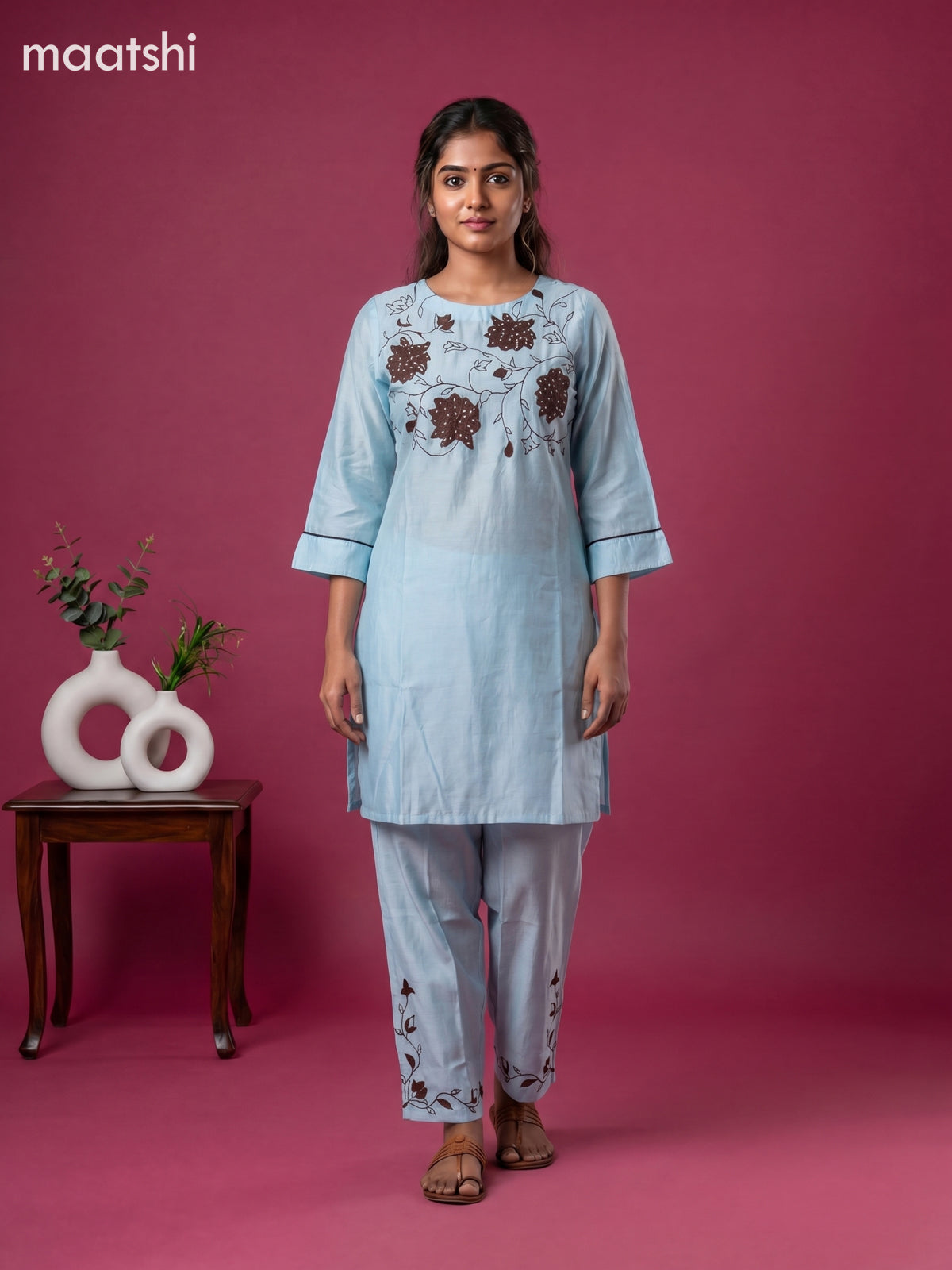 Light Blue and Deep Brown Chanderi Embroidery Work Short Co-Ord Set