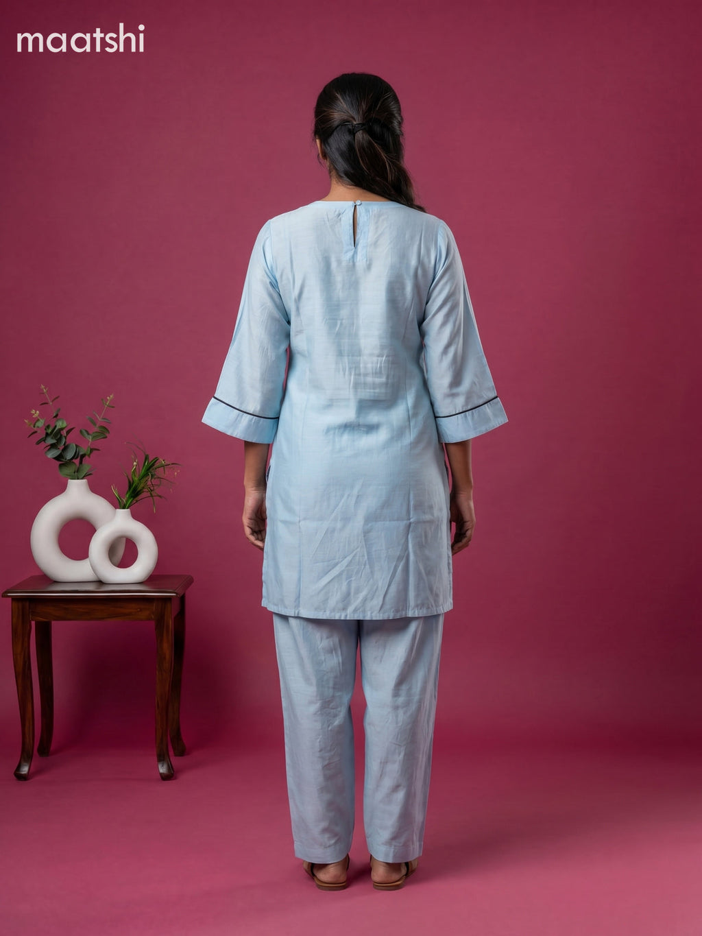 Light Blue and Deep Brown Chanderi Embroidery Work Short Co-Ord Set