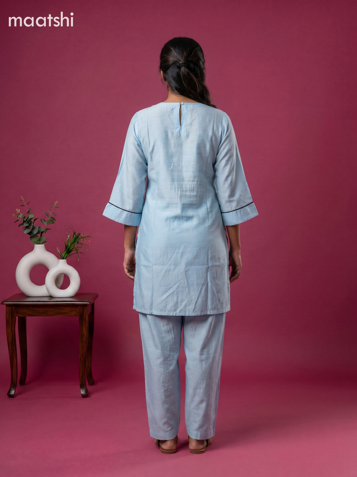 Light Blue and Deep Brown Chanderi Embroidery Work Short Co-Ord Set
