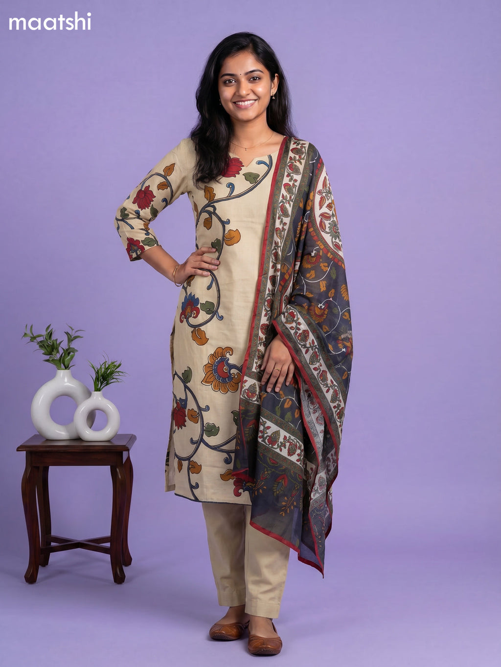 Beige and Blue Cotton Kalamkari Printed Straight Suit
