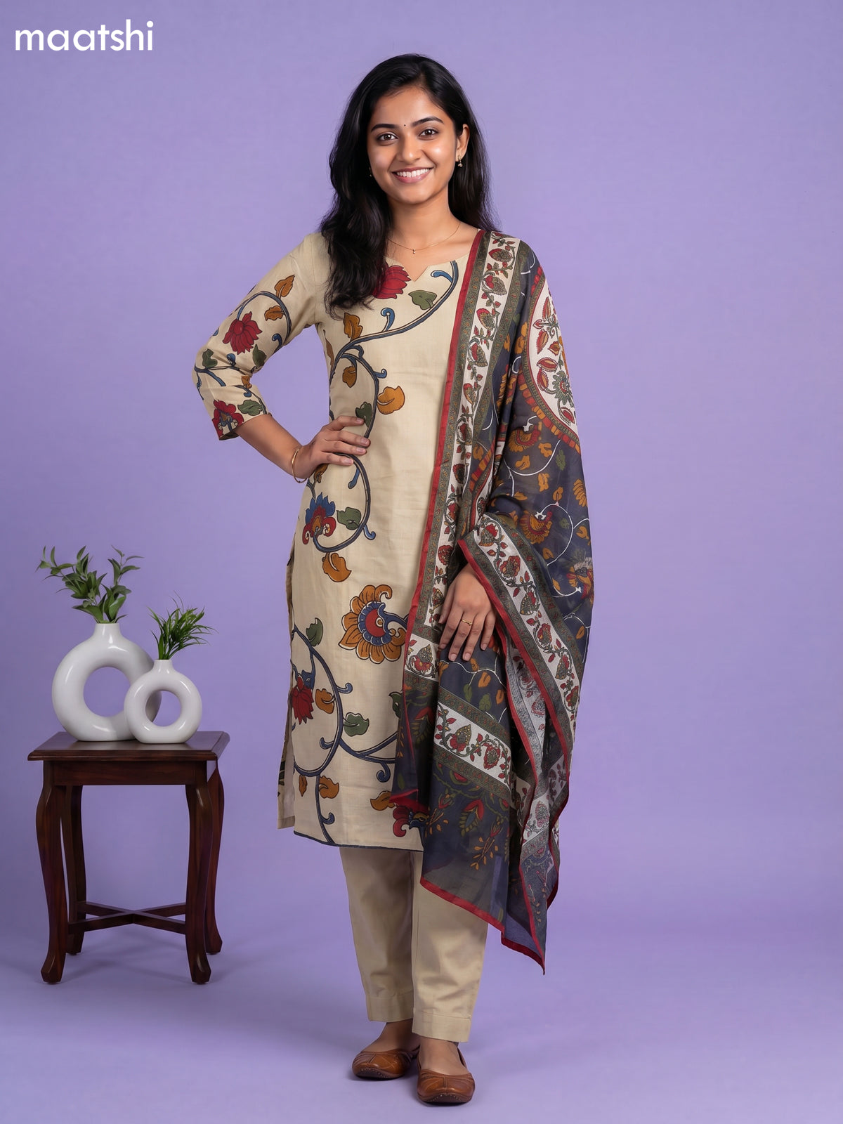 Beige and Blue Cotton Kalamkari Printed Straight Suit