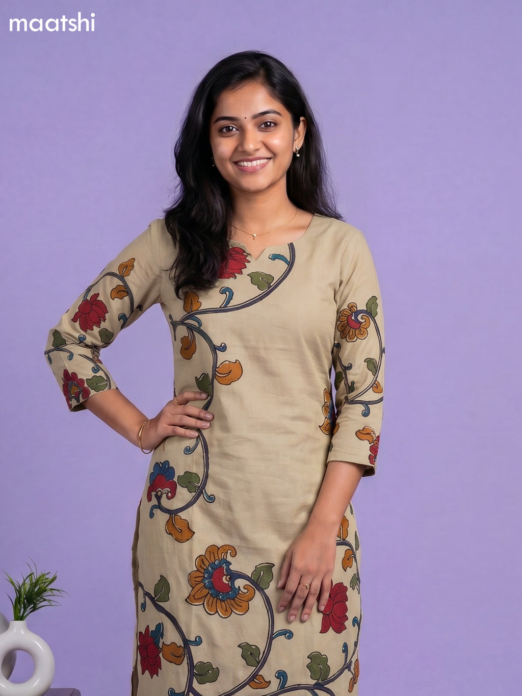 Beige and Blue Cotton Kalamkari Printed Straight Suit