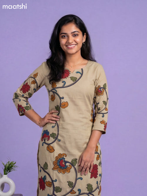 Beige and Blue Cotton Kalamkari Printed Straight Suit