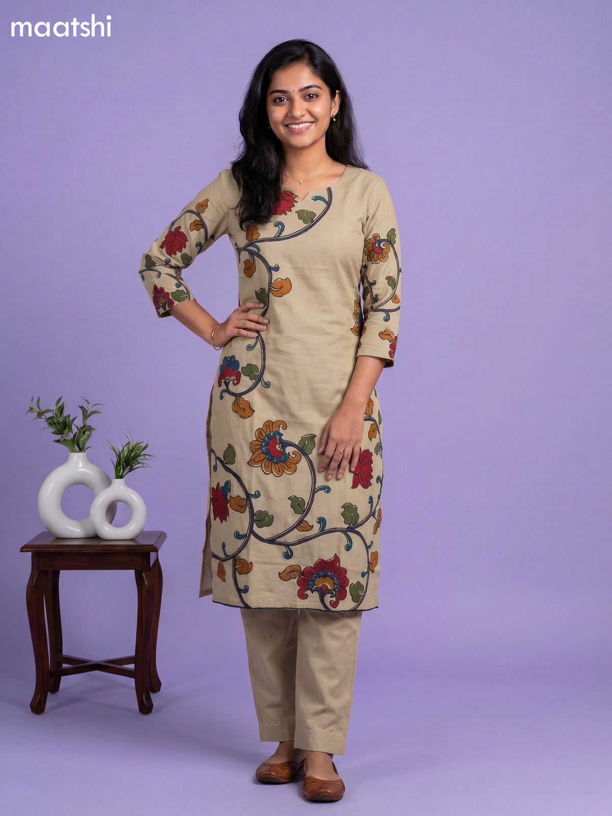 Beige and Blue Cotton Kalamkari Printed Straight Suit