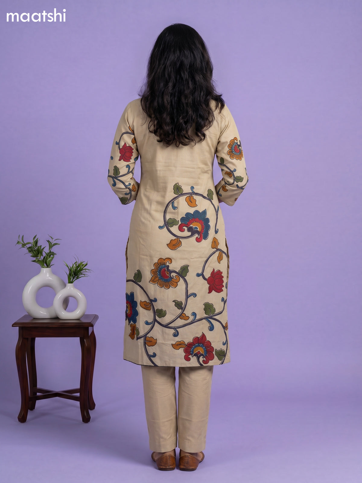 Beige and Blue Cotton Kalamkari Printed Straight Suit