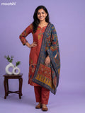 Rust Shade and Blue Cotton Kalamkari Printed Straight Suit