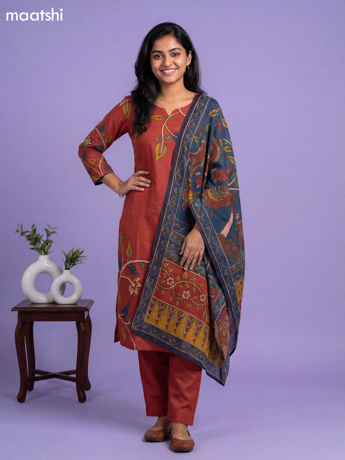 Rust Shade and Blue Cotton Kalamkari Printed Straight Suit