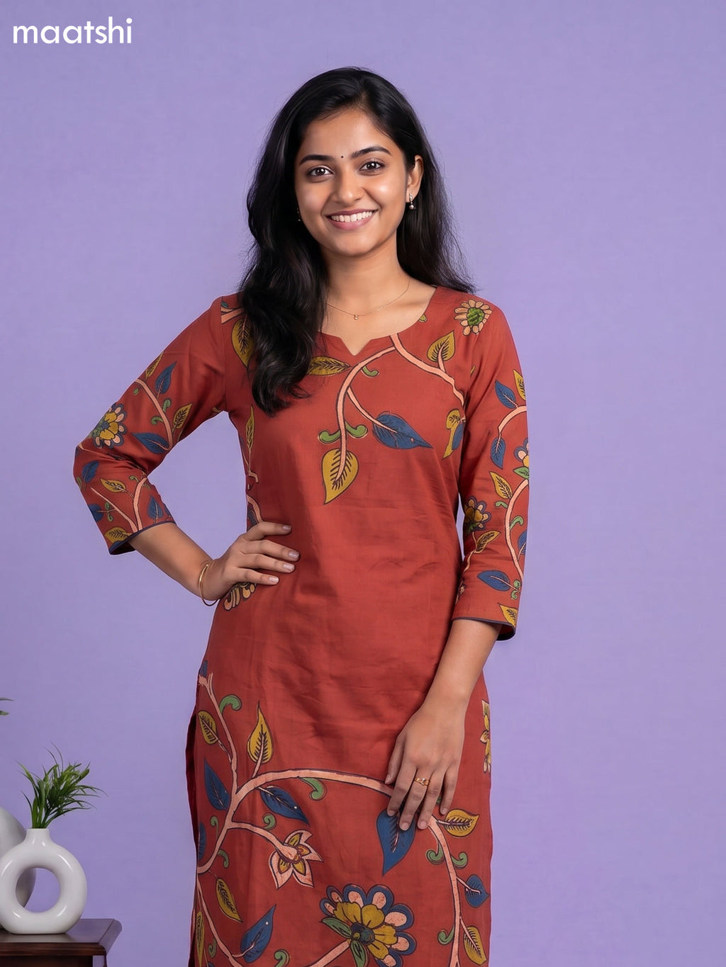 Rust Shade and Blue Cotton Kalamkari Printed Straight Suit