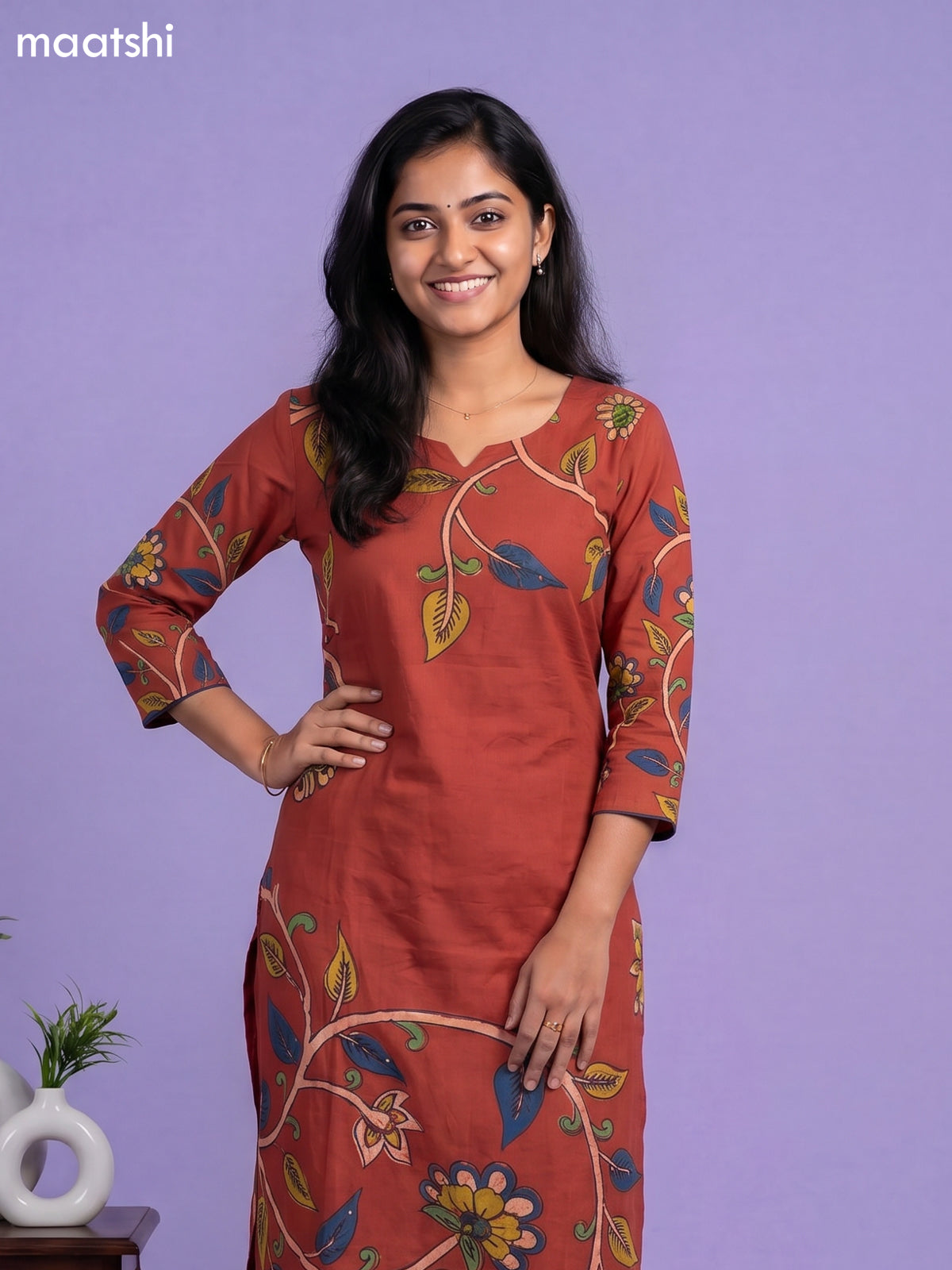 Rust Shade and Blue Cotton Kalamkari Printed Straight Suit