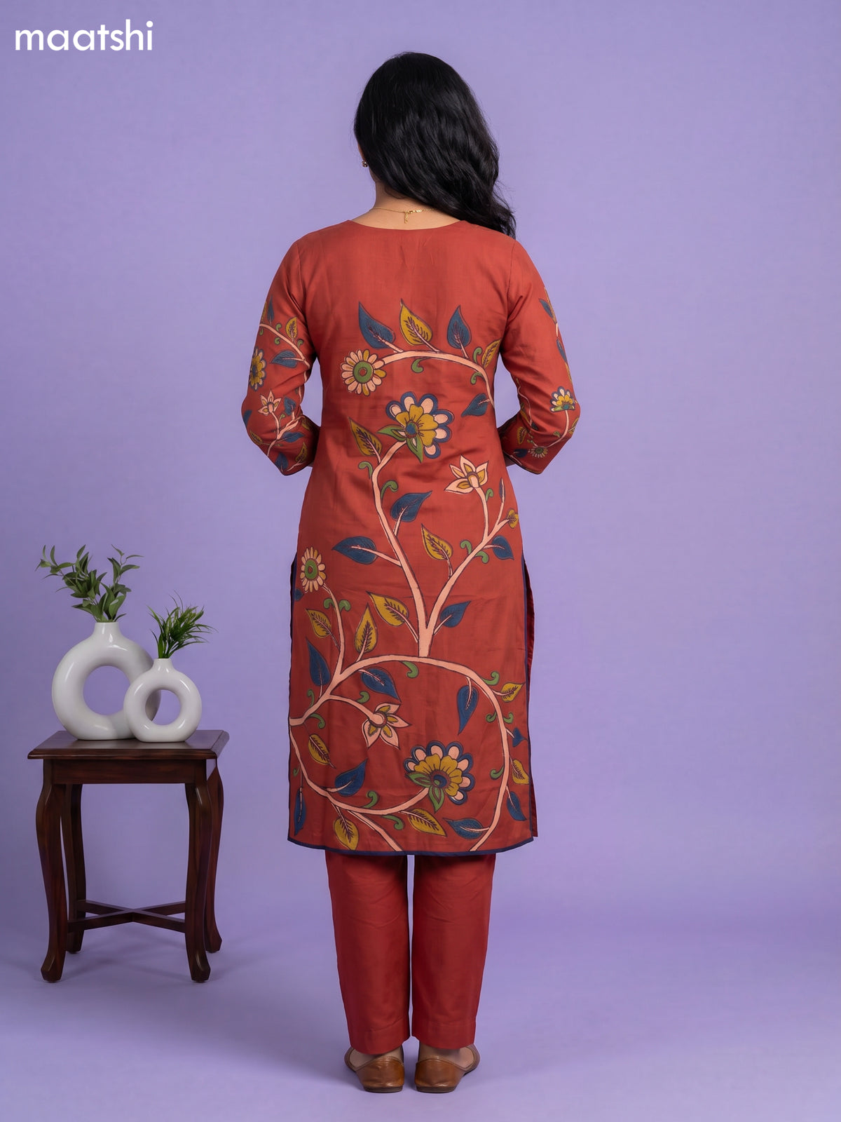 Rust Shade and Blue Cotton Kalamkari Printed Straight Suit
