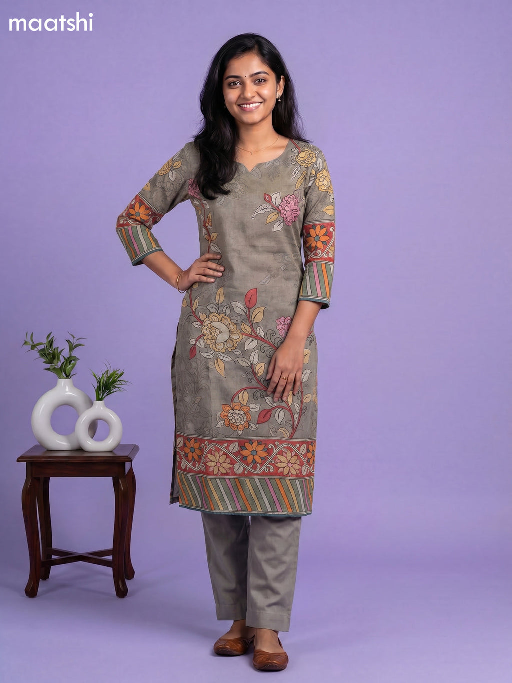 Grey Cotton Kalamkari Printed Straight Suit