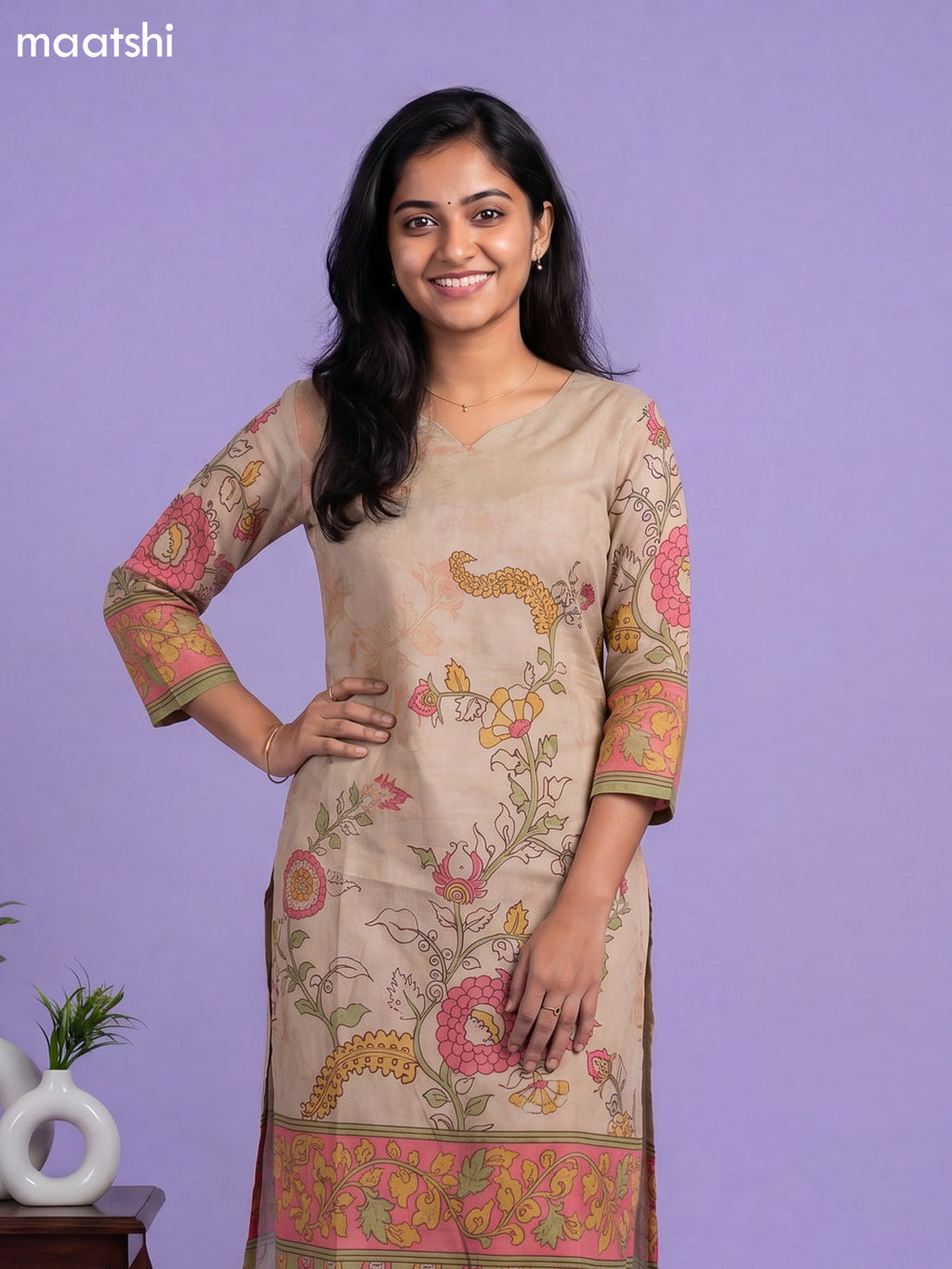 Sandal Cotton Kalamkari Printed Straight Suit