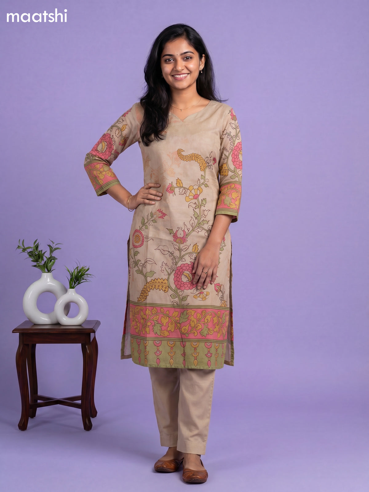 Sandal Cotton Kalamkari Printed Straight Suit