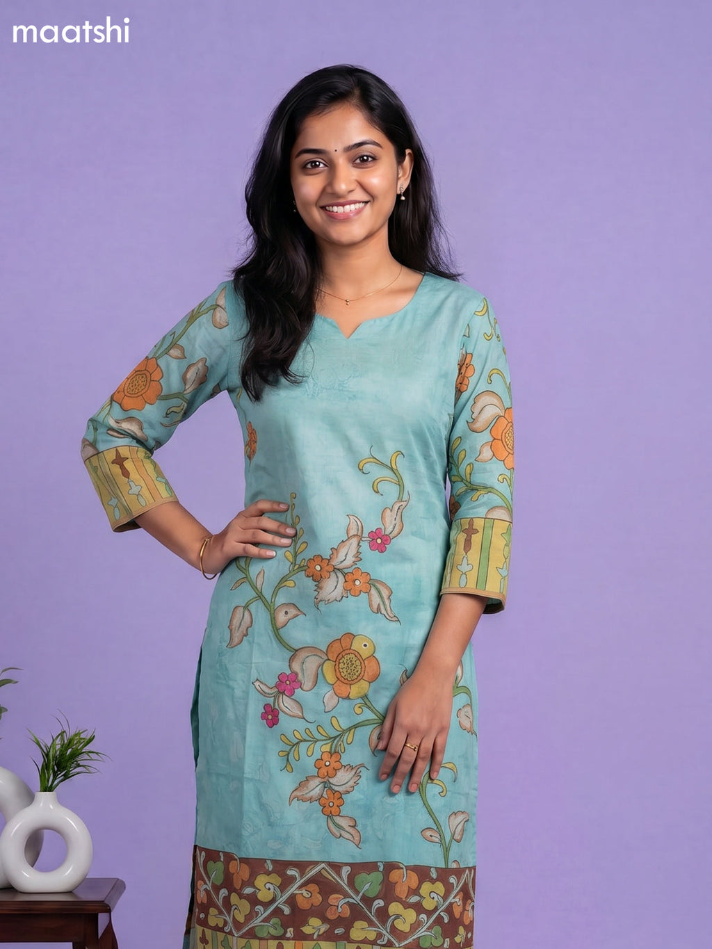Teal Green Cotton Kalamkari Printed Straight Suit