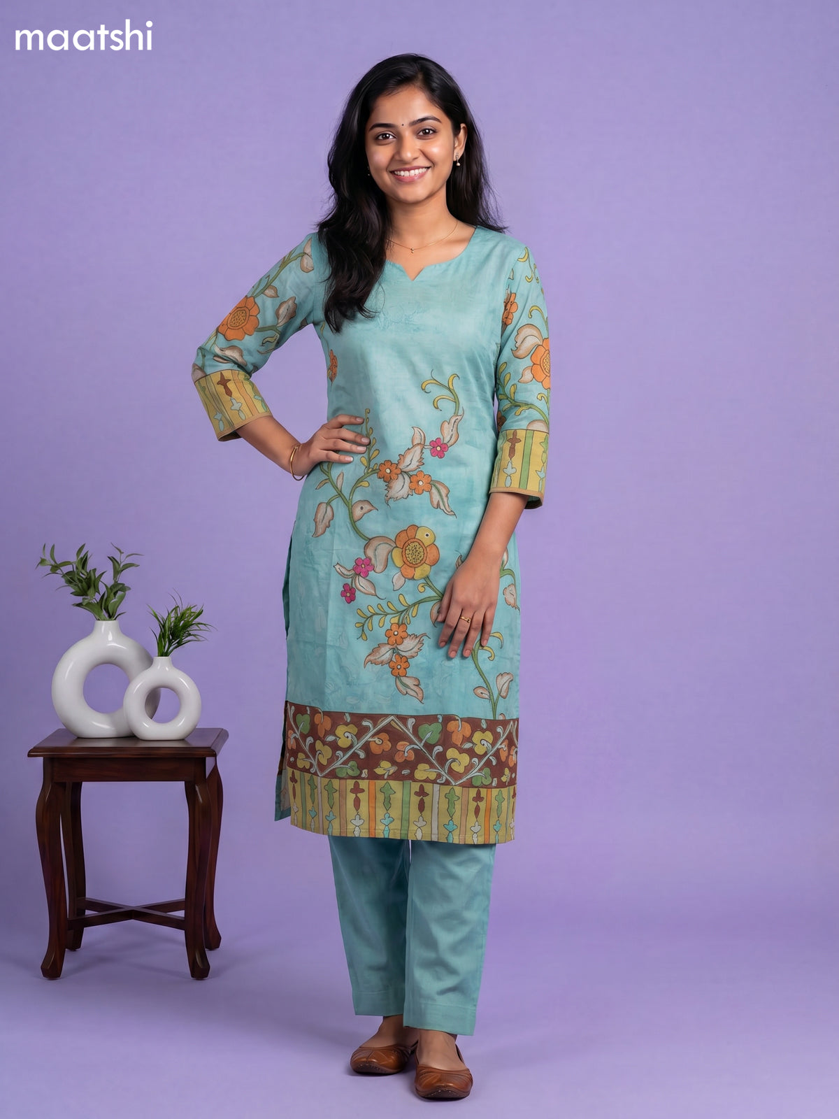 Teal Green Cotton Kalamkari Printed Straight Suit